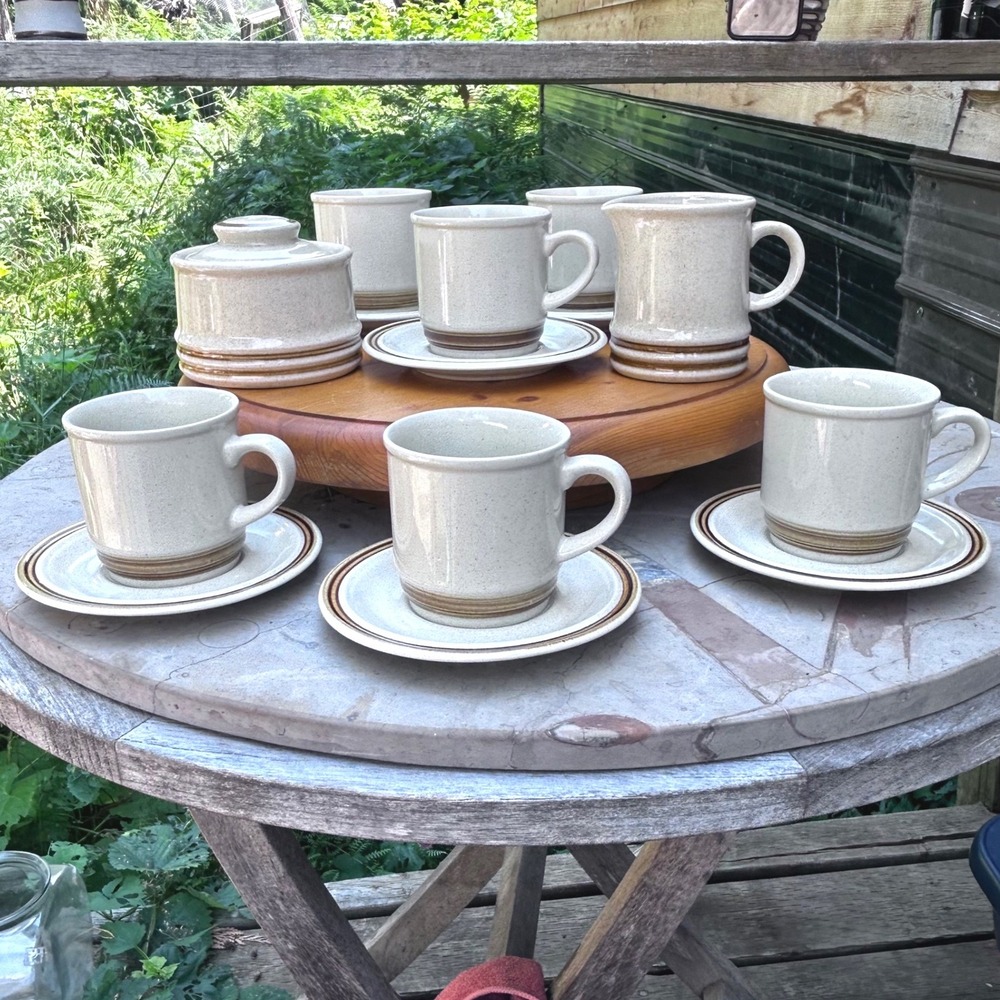 Vintage Stoneware Coffee Set Unisex Large Brown Striped Japan 1970s MCM 14pc Set
